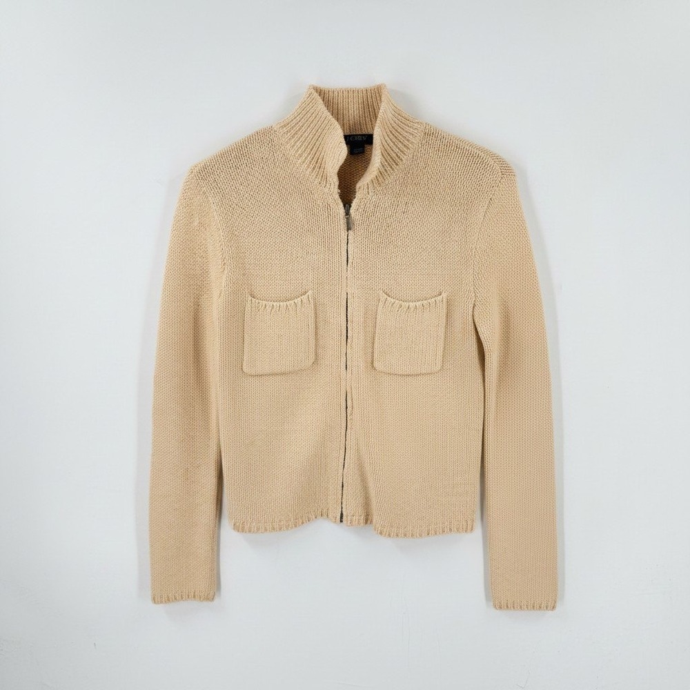 J.Crew Zip Front Cardigan Ribbed Cotton Knit Mock Neck Cream Sweater Size S